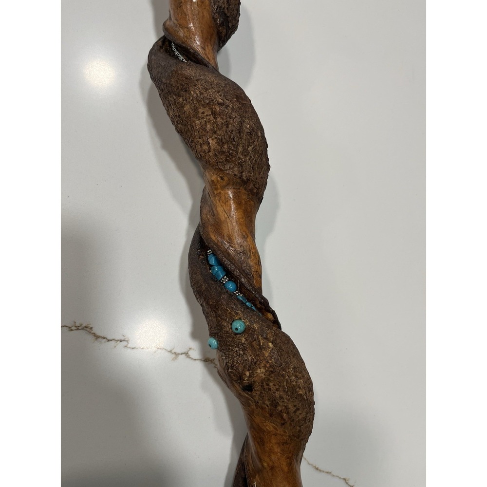 Hand Carved Wooden Walking Stick Spiral Cane with Turquoise Silver Inlay 51" - Picture 6 of 13